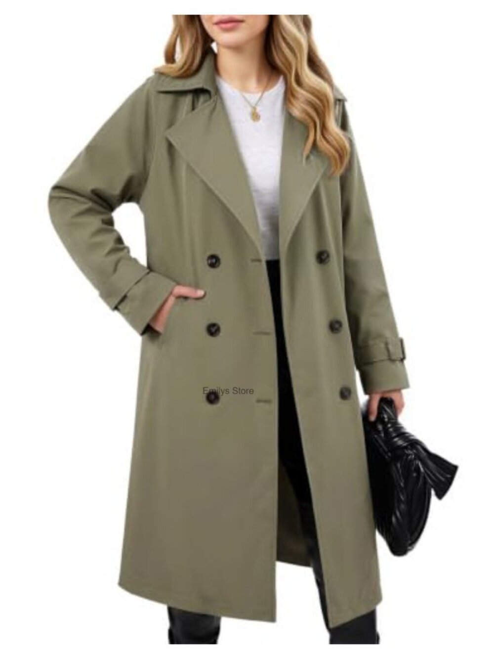 Double Breasted Long Trench Coat Lapel Overcoat with Belt